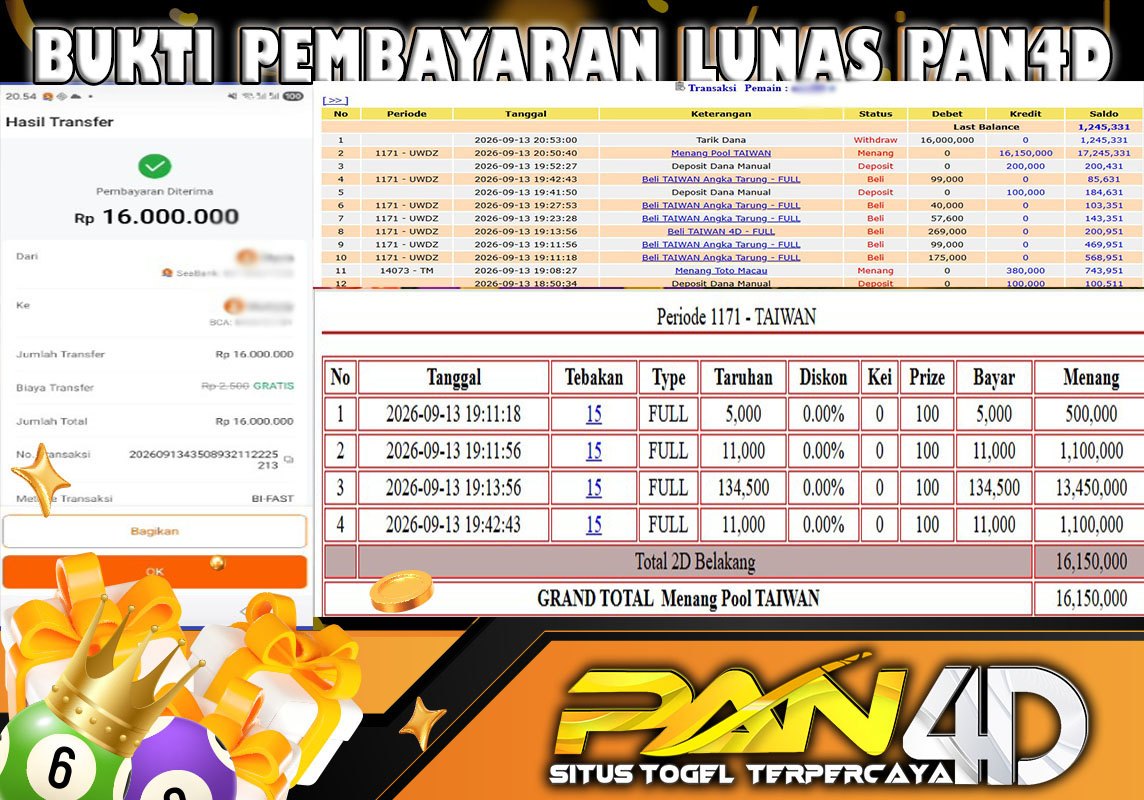 JACKPOT POOL TAIWAN Rp.16,000,000 - LUNAS